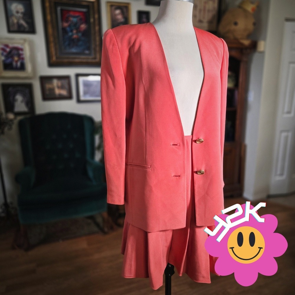 Vintage Y2K Dana Buchman Petites Coral Silk Blend Blazer Skirt Suit Set Size 8‎